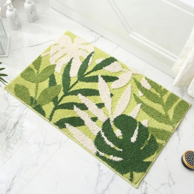 Green Yellow and White Leaves Bath Mat
