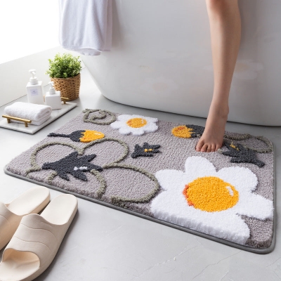 Grey Leaves and Flower Bath Mat