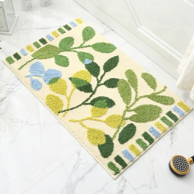 Green Yellow and Blue Leaves Bath Mat