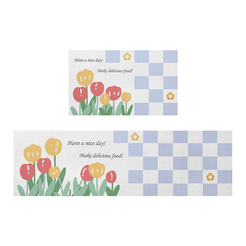 Tulip White and Blue Checkerboard PVC Leather Kitchen Mat