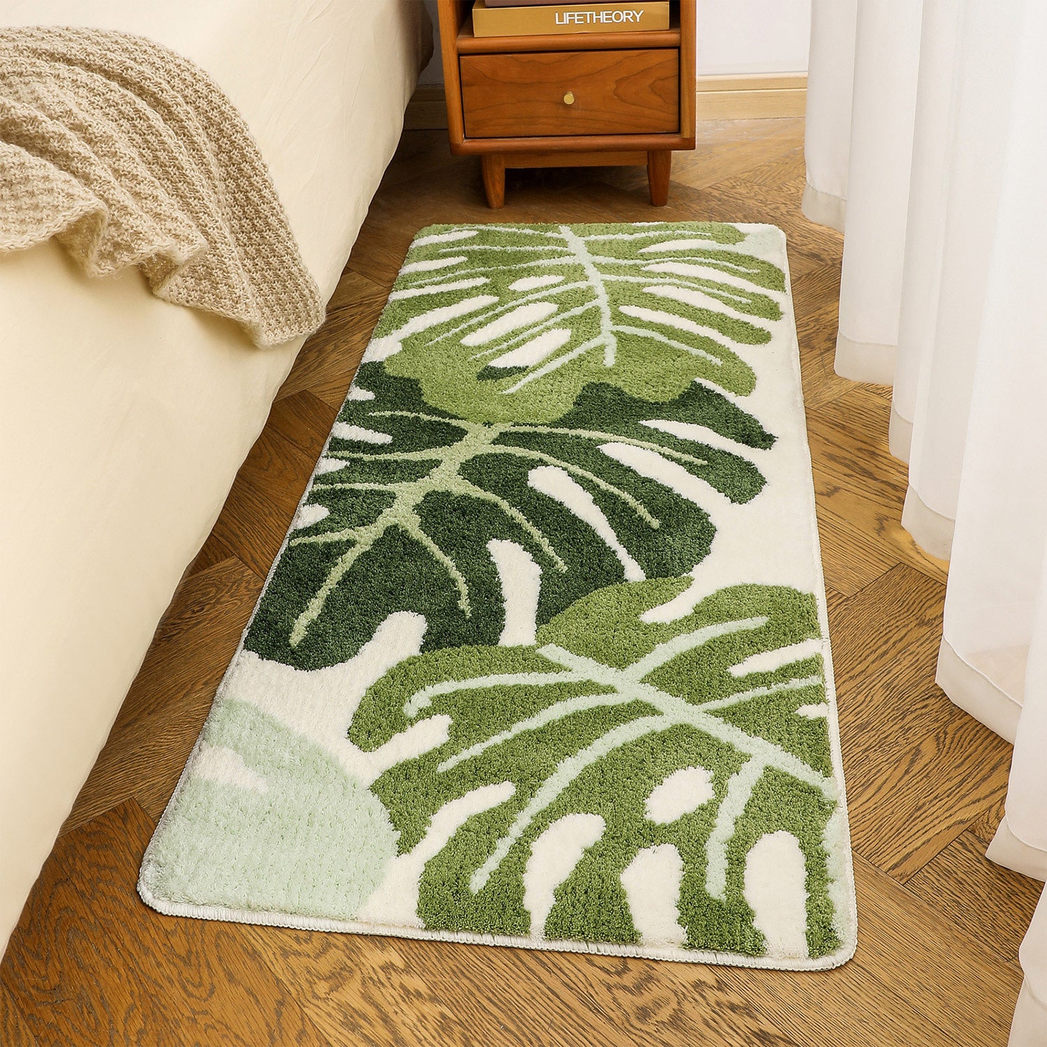 Green Monstera Leaves Runner Mat, Tufted Mat for Bedroom or Bathroom, 19.7