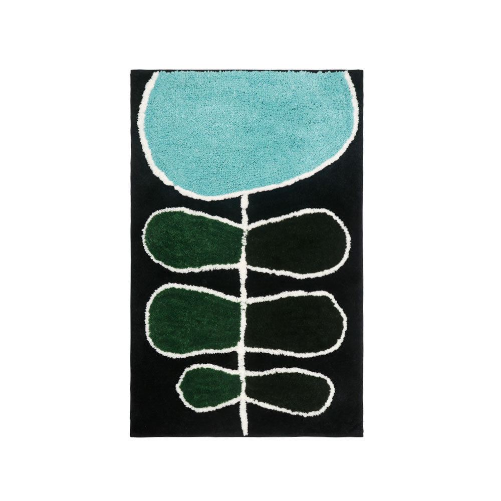 Blue Green Black Leaves and Flower Bath Mat