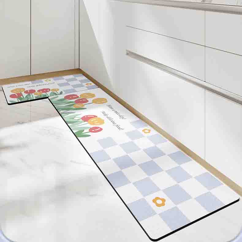 Tulip White and Blue Checkerboard PVC Leather Kitchen Mat