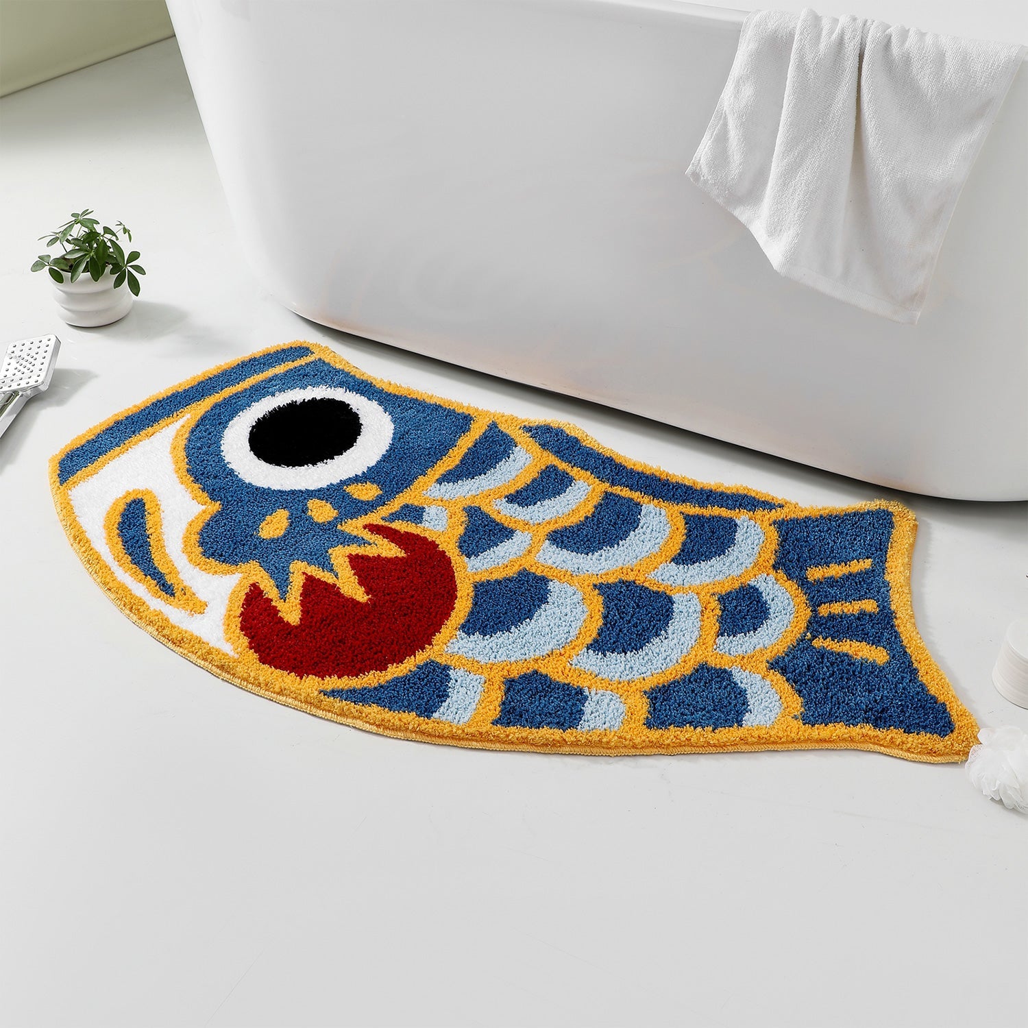 Cute Blue Koi Fish Bath Mat, Japanese Carp Bathroom Rug