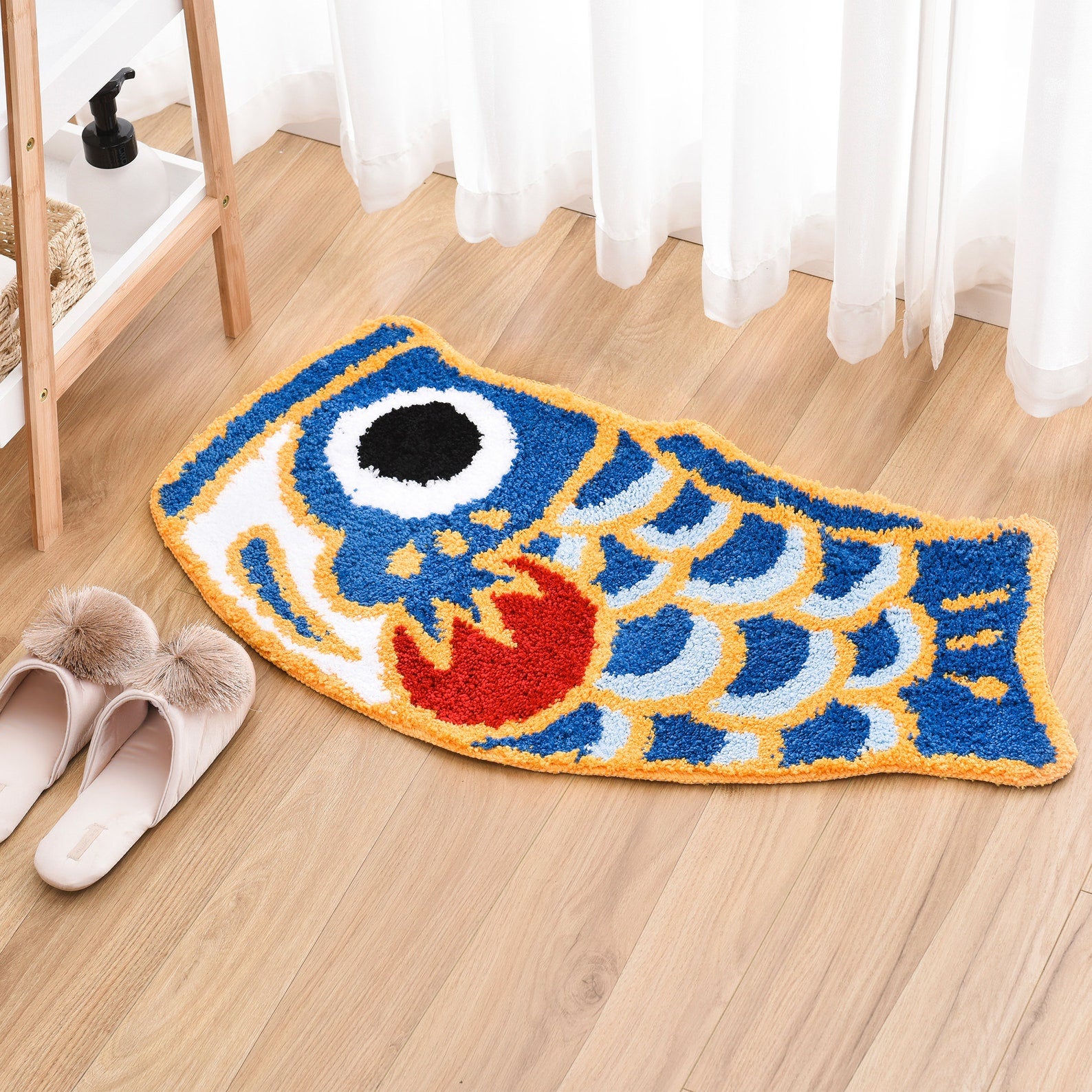 Cute Blue Koi Fish Bath Mat, Japanese Carp Bathroom Rug
