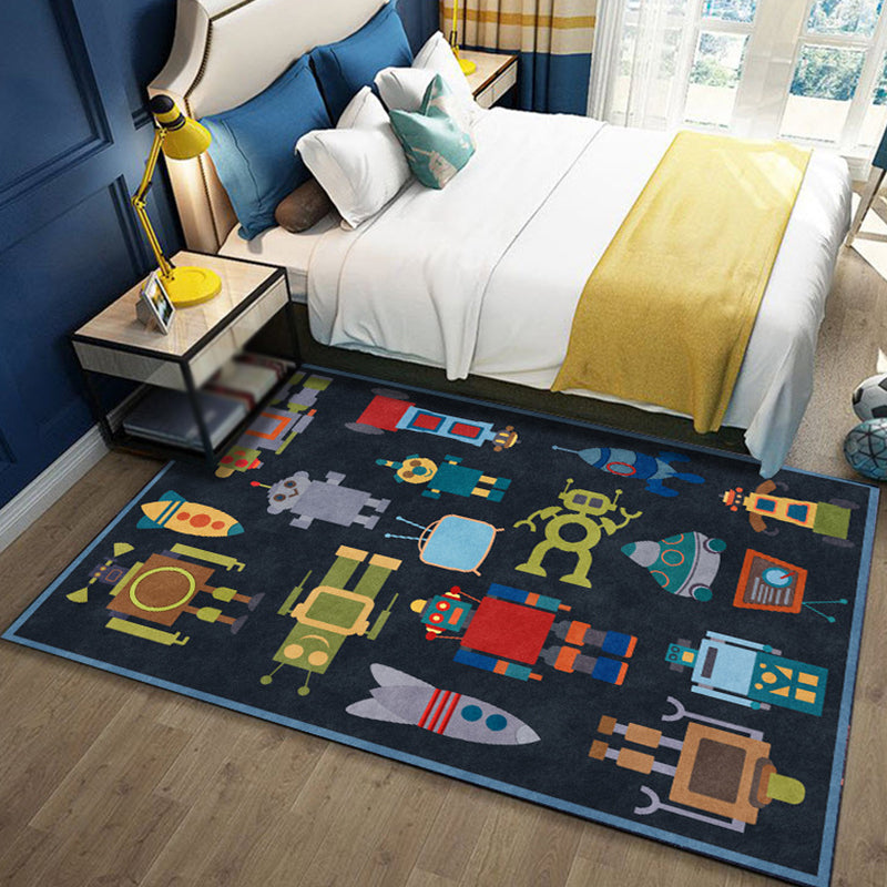 Unique Kids Rug in Blue Outer Space Robot Rocket Pattern Rug Polyester Non-Slip Backing Carpet for Nursery