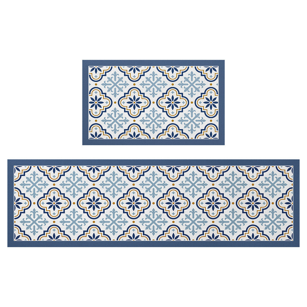 Blue Flower Geometric Pattern PVC Leather Kitchen Mat Mom‘s Day Gift