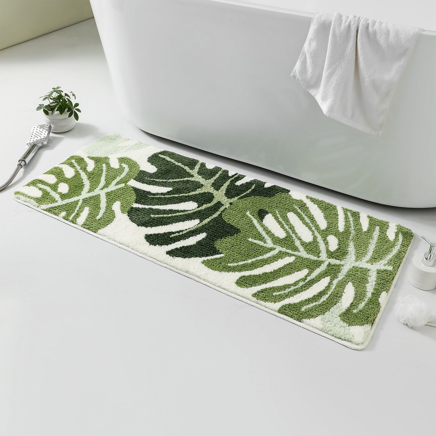 Green Monstera Leaves Runner Mat, Tufted Mat for Bedroom or Bathroom, 19.7