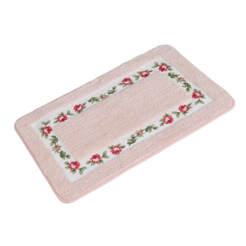 Pink Rose Flower Bath Mat, Lovely Floral Garden Bathroom Rug, Soft Flush Non-Slip Water Absorbent Mat for Bath Tub Shower Room