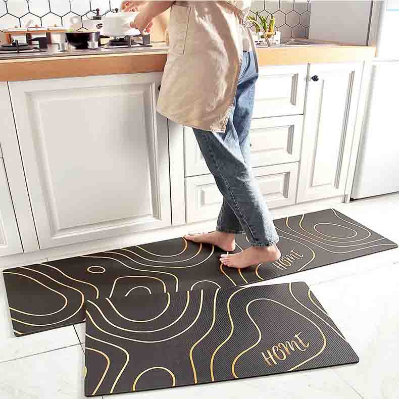Abstract Hills Black and Golden Line Pattern PVC Leather Kitchen Mat