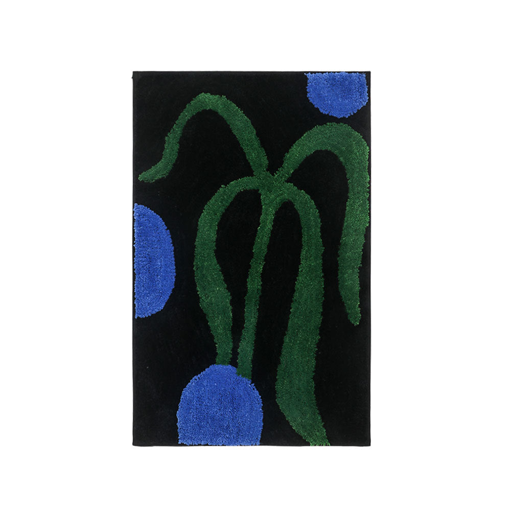 Blue Green Black Leaves and Flower Bath Mat