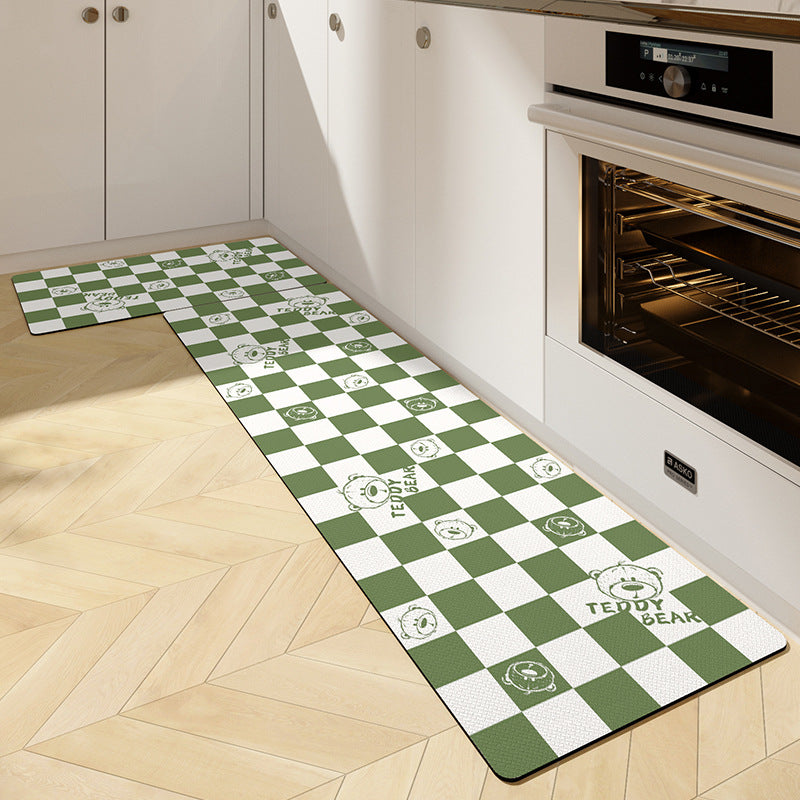 Green and White Grid and Teddy Bear PVC Leather Kitchen Mat