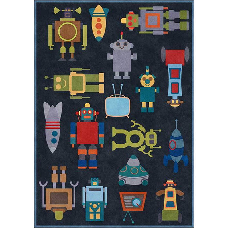 Unique Kids Rug in Blue Outer Space Robot Rocket Pattern Rug Polyester Non-Slip Backing Carpet for Nursery