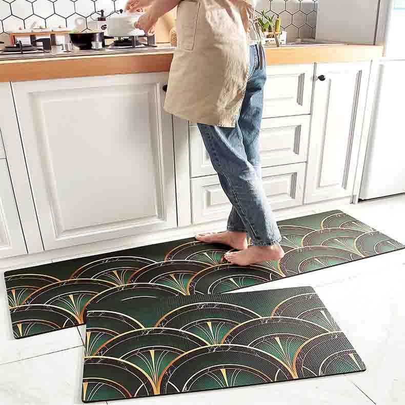 Darker Green and Golden Fanshaped Pattern PVC Leather Kitchen Mat