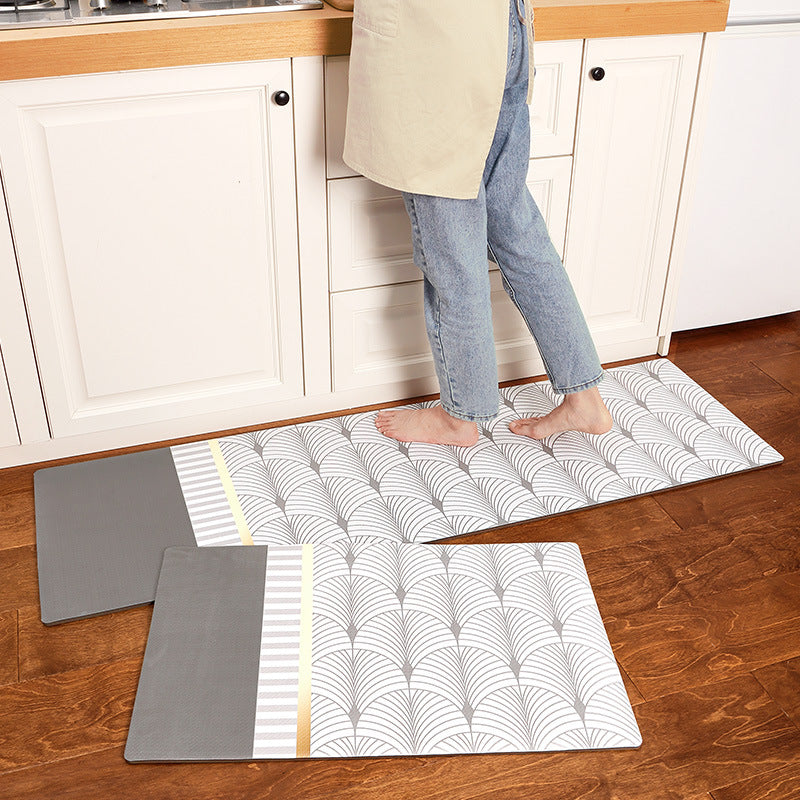 Grey Line Art Abstract Leaves PVC Leather Kitchen Mat