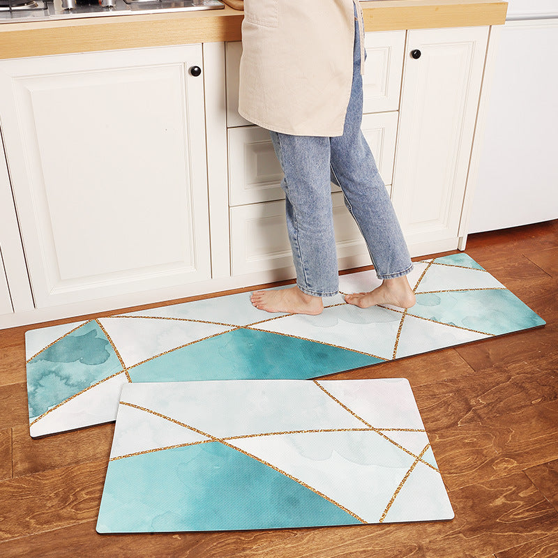 Green and Golden Geometric Art Pattern PVC Leather Kitchen Mat