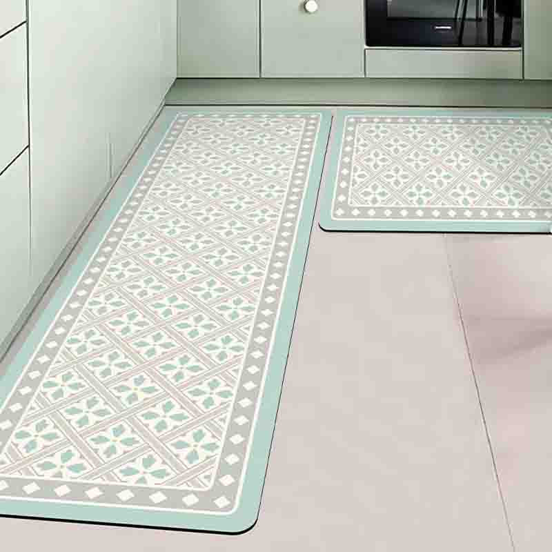 Light Green Leaves Geometric PVC Leather Kitchen Mat