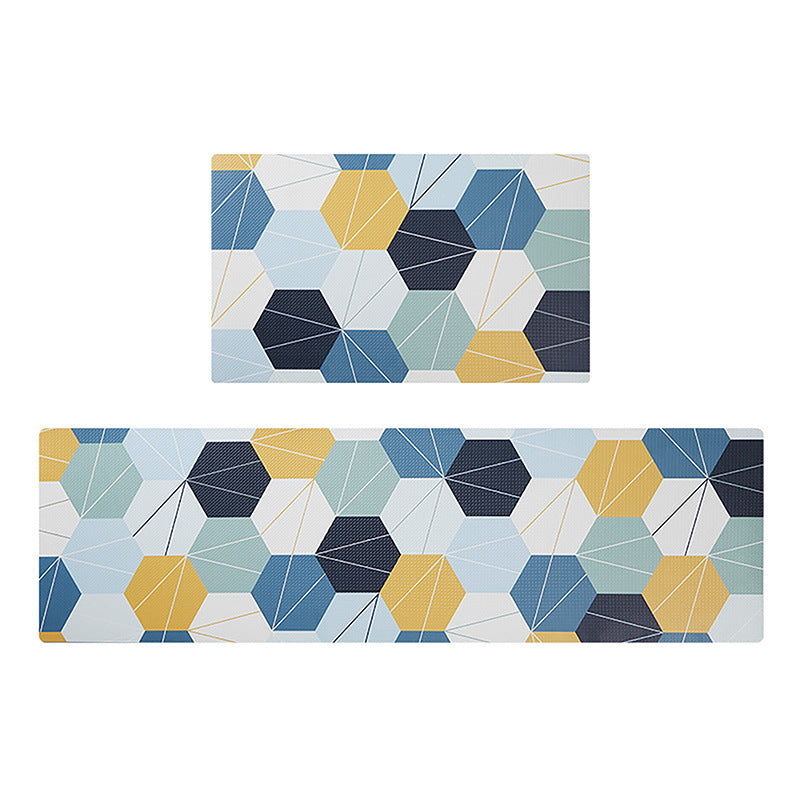 Blue and Yellow Honeycomb Shapes Pattern PVC Leather Kitchen Mat Mom‘s Day Gift