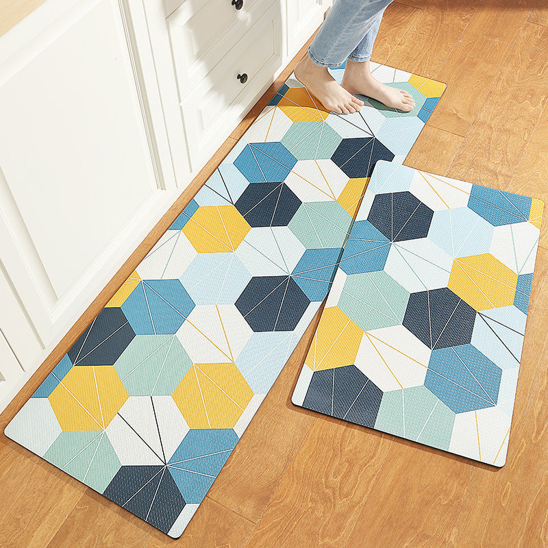 Blue and Yellow Honeycomb Shapes Pattern PVC Leather Kitchen Mat Mom‘s Day Gift