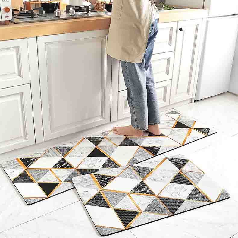 Baroque Style Black Grey and White Geometric Pattern PVC Leather Kitchen Mat