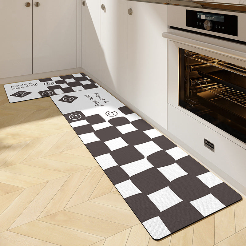 Black and White Grid and Smiley Face PVC Leather Kitchen Mat