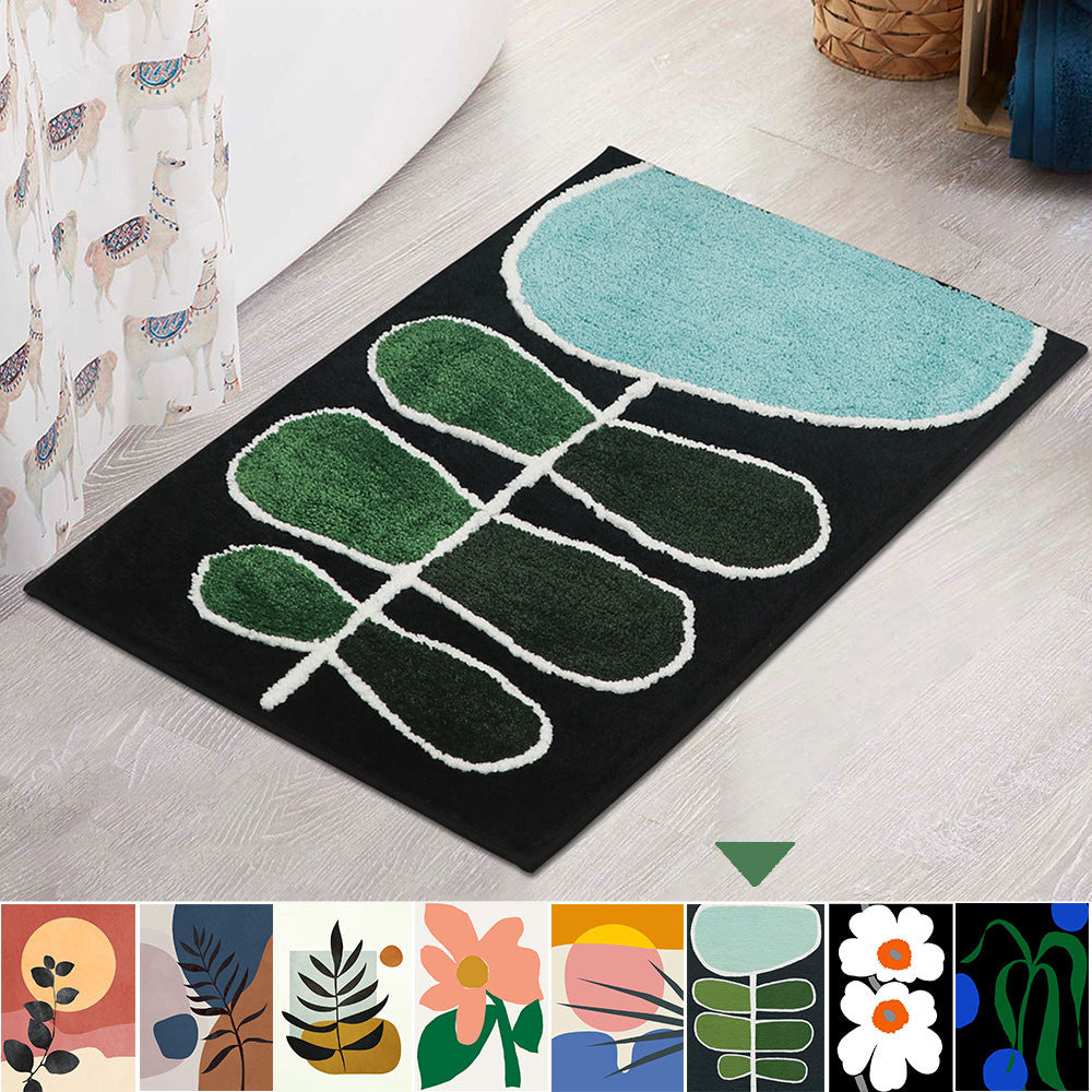 Blue Green Black Leaves and Flower Bath Mat