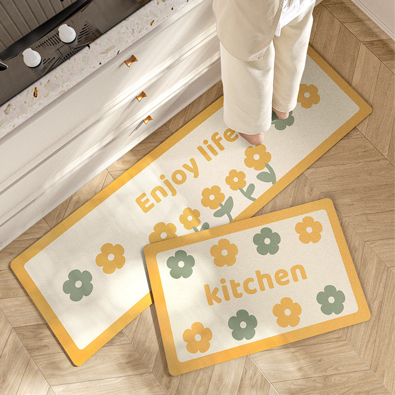 Yellow and Green Flowers PVC Leather Kitchen Mat