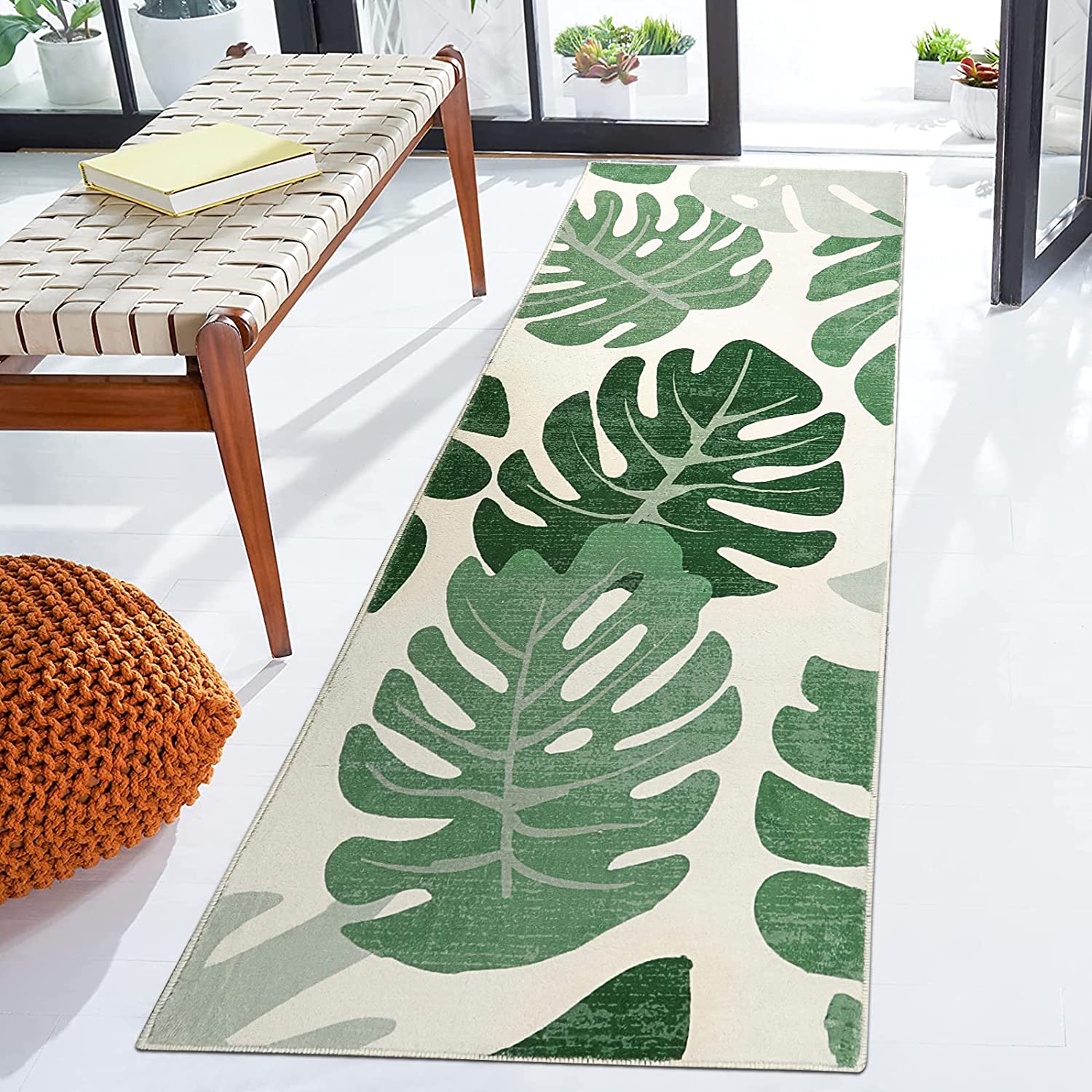 Green Leaves Bathroom Rug, Tropical Monstera Leaves Bath Mat