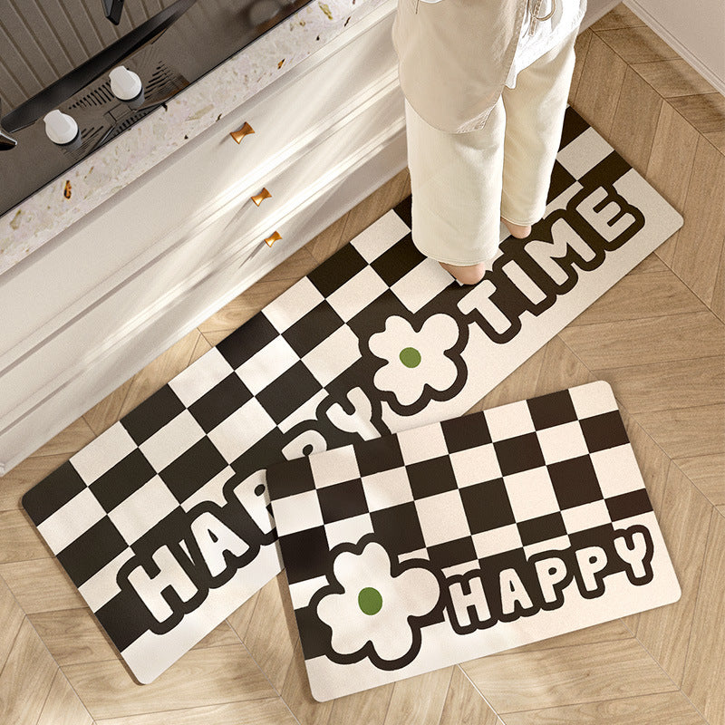 Checkerboard and Flower PVC Leather Kitchen Mat