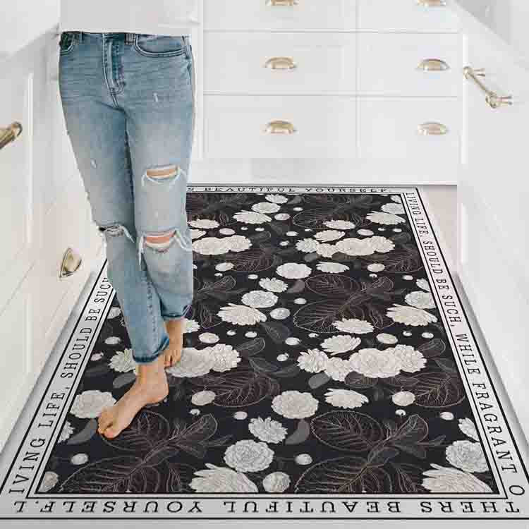 Black and White Flower Leave PVC Leather Kitchen Mat