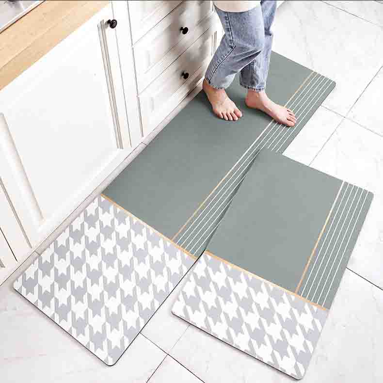 Green and Grey Plaid Bird Pattern PVC Leather Kitchen Mat