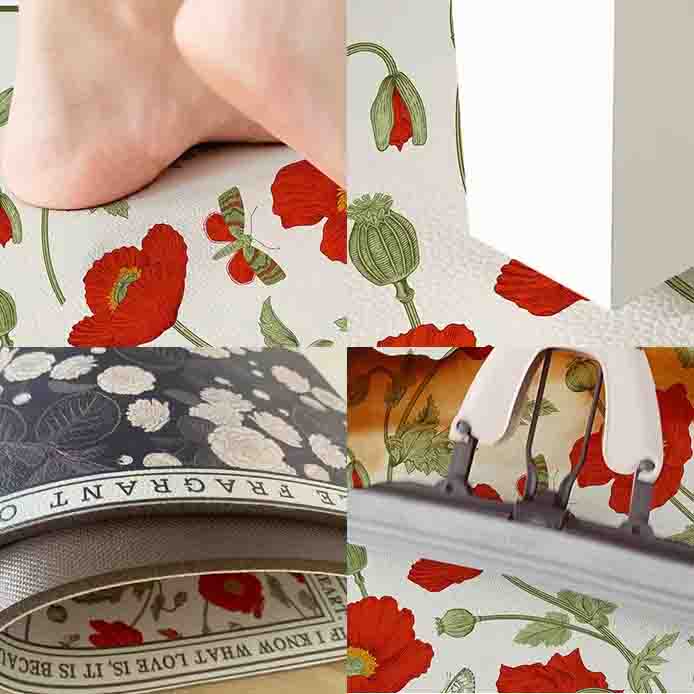 Black and White Flower Leave PVC Leather Kitchen Mat