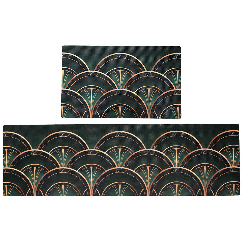 Darker Green and Golden Fanshaped Pattern PVC Leather Kitchen Mat