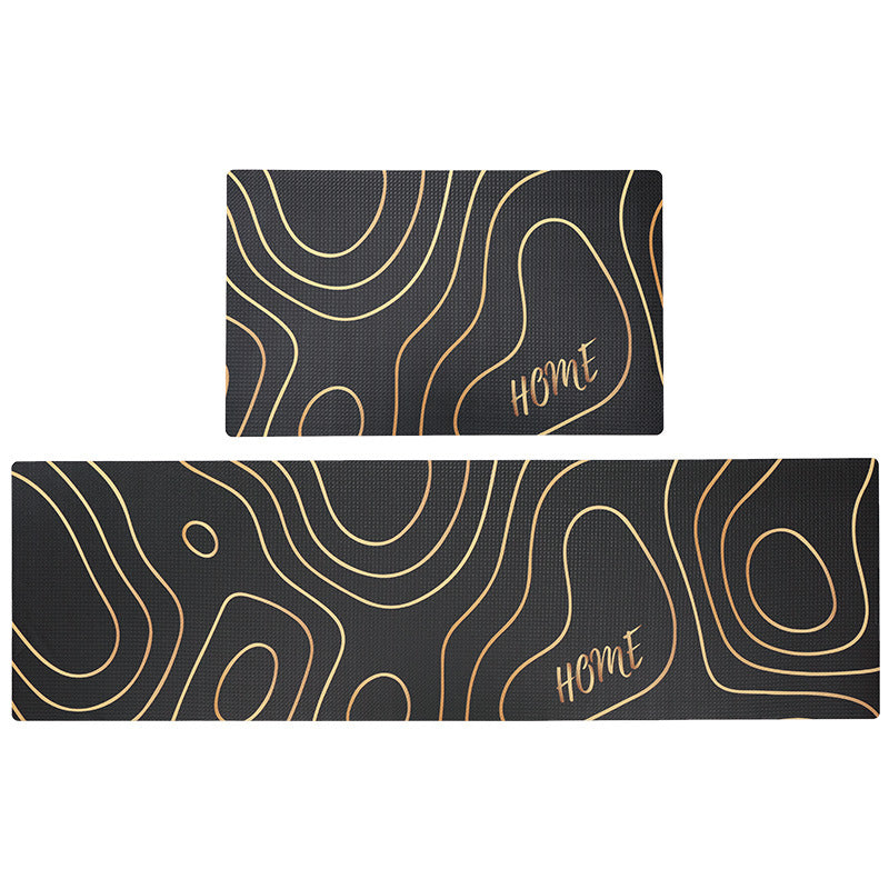 Abstract Hills Black and Golden Line Pattern PVC Leather Kitchen Mat
