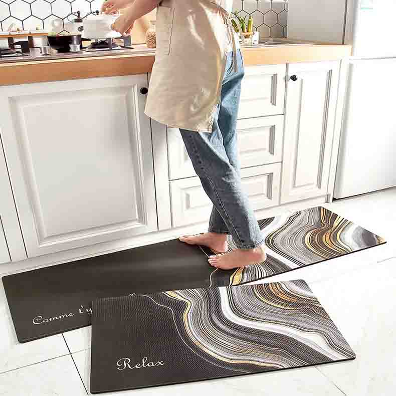 Black Grey and Golden Wave Flow Line Pattern PVC Leather Kitchen Mat