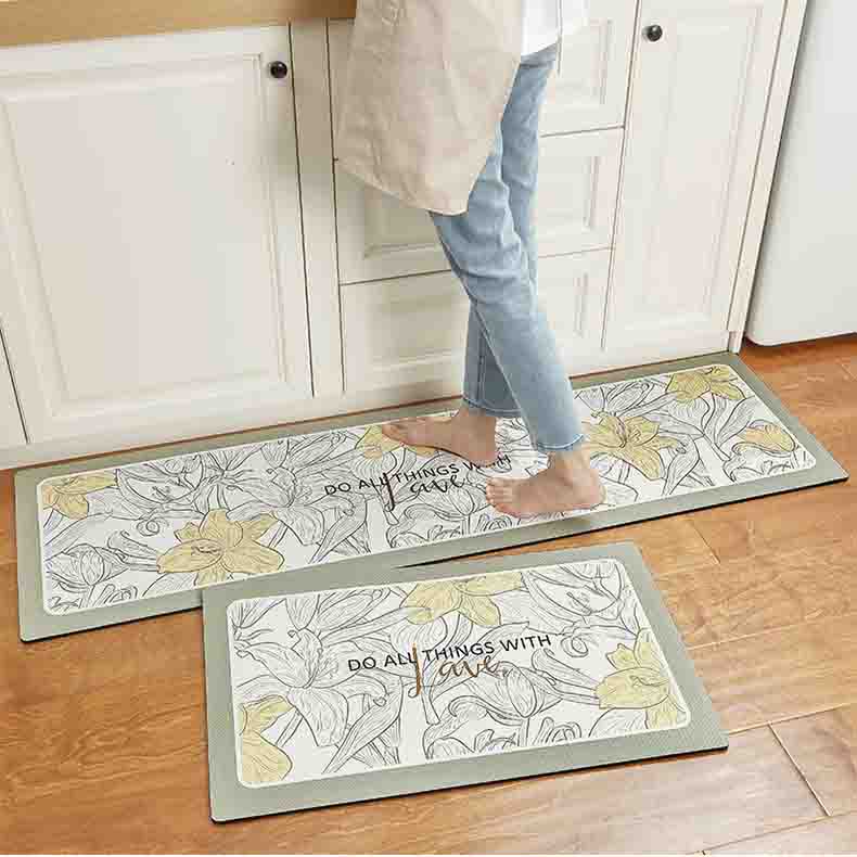 Yellow and White Flower Garden Foral PVC Leather Kitchen Mat