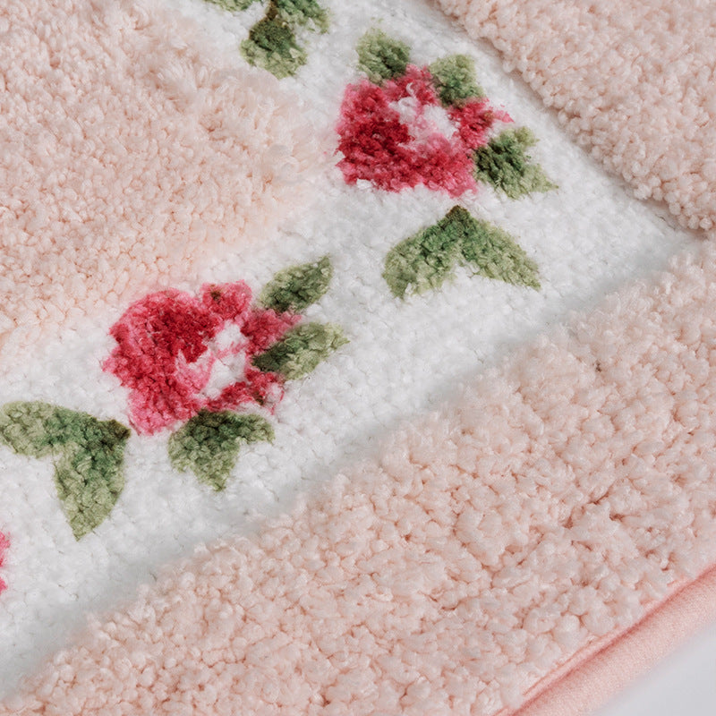 Pink Rose Flower Bath Mat, Lovely Floral Garden Bathroom Rug, Soft Flush Non-Slip Water Absorbent Mat for Bath Tub Shower Room