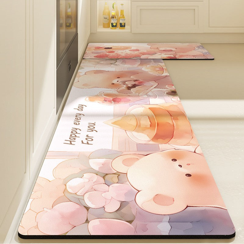 Cartoon Pink Cream Cake and Bear PVC Leather Kitchen Mat