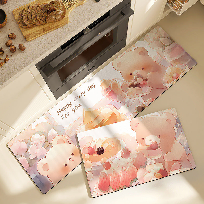 Cartoon Pink Cream Cake and Bear PVC Leather Kitchen Mat