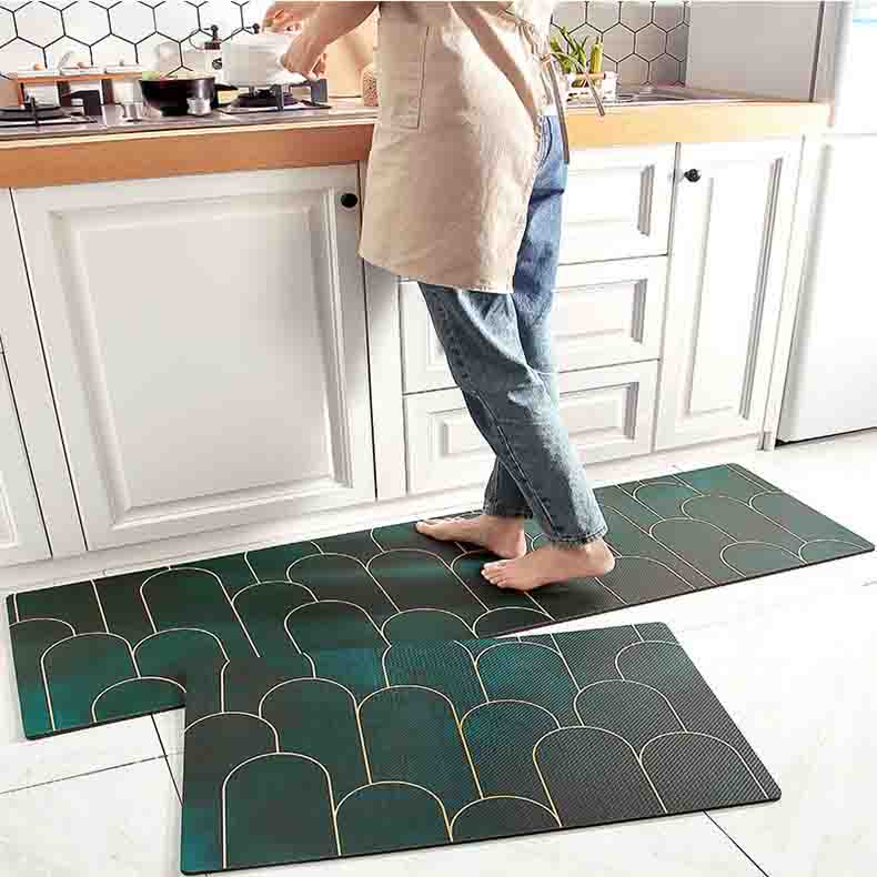 Green Golden Abstract Door Pattern PVC Leather Kitchen Mat