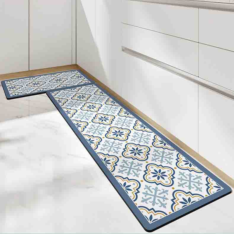 Blue Flower Geometric Pattern PVC Leather Kitchen Mat Mom‘s Day Gift