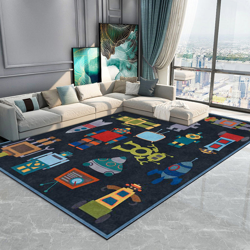 Unique Kids Rug in Blue Outer Space Robot Rocket Pattern Rug Polyester Non-Slip Backing Carpet for Nursery