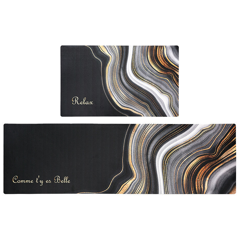 Black Grey and Golden Wave Flow Line Pattern PVC Leather Kitchen Mat