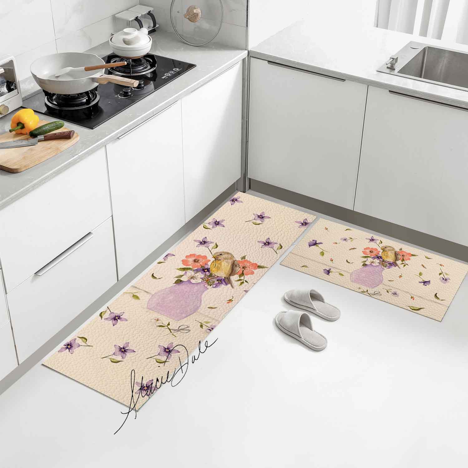 Purple Vase Flower and Bird PVC Leather Kitchen Mat by Stacie from US
