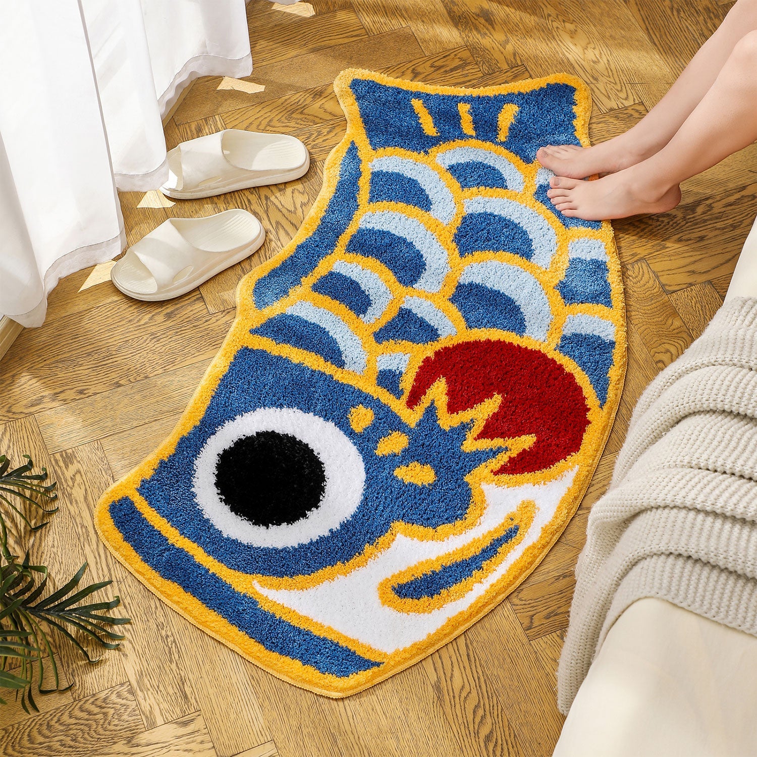 Cute Blue Koi Fish Bath Mat, Japanese Carp Bathroom Rug