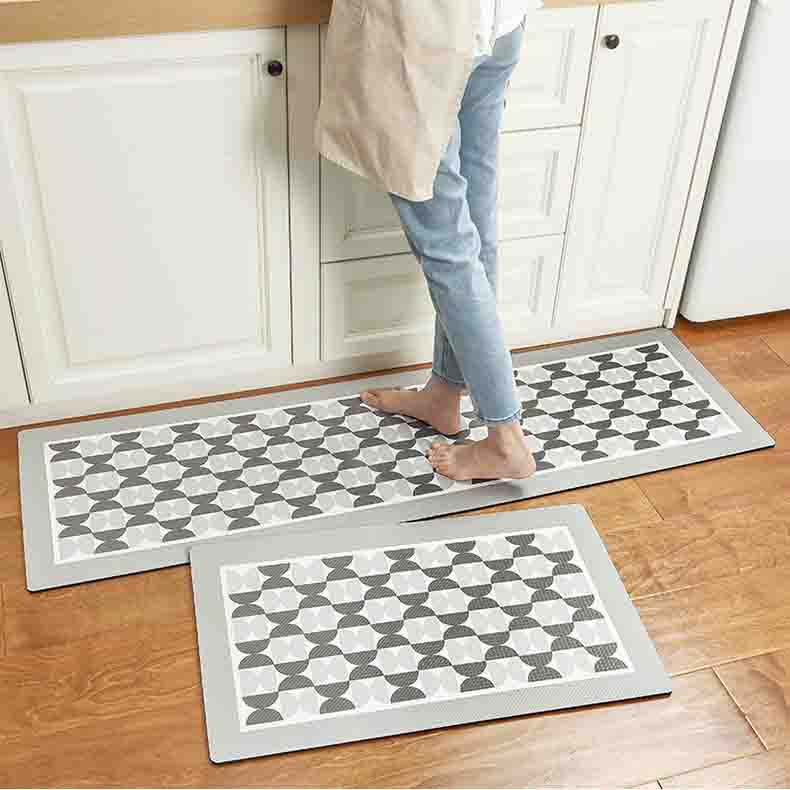 Grey and White Geometric Pattern PVC Leather Kitchen Mat
